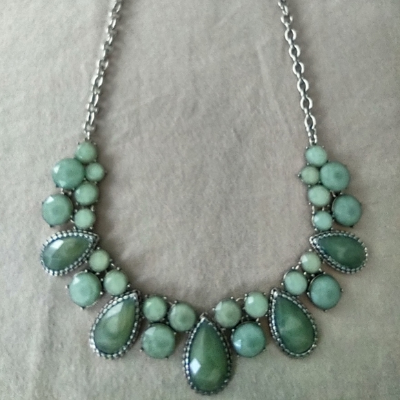 Statement Necklace - Silver and Green Faux Stone - Picture 2 of 4